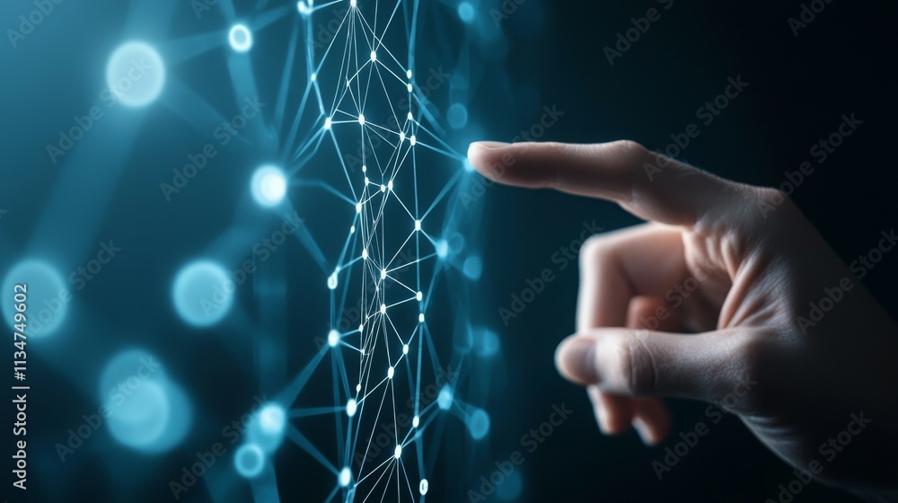 Aufkleber a hand reaching out to touch a digital network of interconnected nodes.