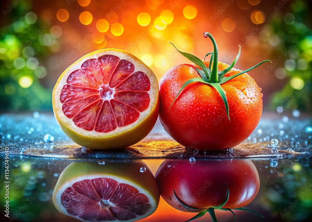 Poster captivating double exposure of tomato and grapefruit merging in a vibrant composition showcasing nat