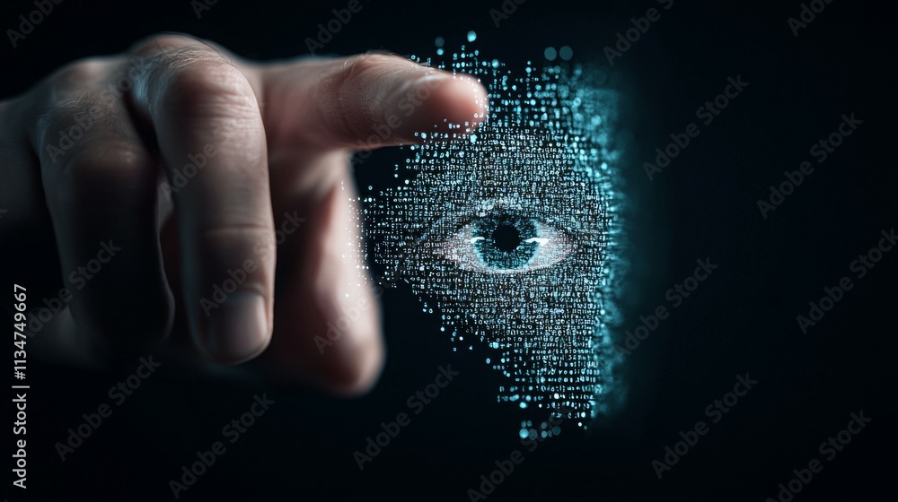 Poster a hand reaching towards a digital eye composed of data points, symbolizing technology and vision.