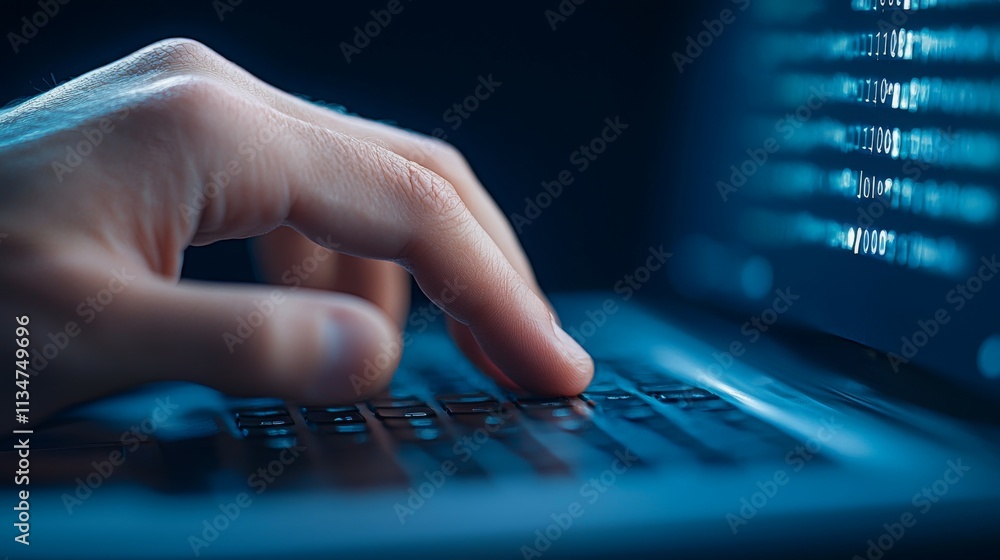 Aufkleber a hand typing on a laptop keyboard, with code displayed on the screen.