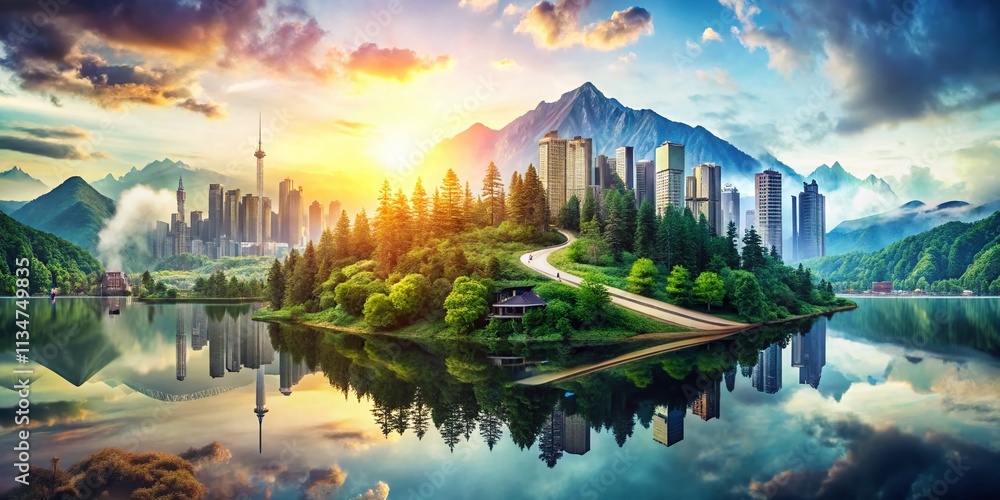 Poster captivating double exposure photography blending animation elements with nature and urban landscapes