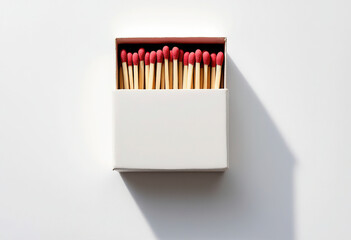 White matchbox filled with wooden matches with red tips.