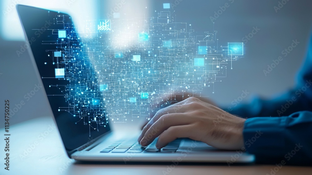 Poster a person typing on a laptop with digital data visualizations emerging from the screen.