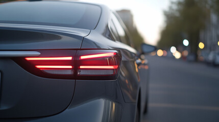 Fototapeta premium Close-up of a car's rear light in an urban setting at dusk.