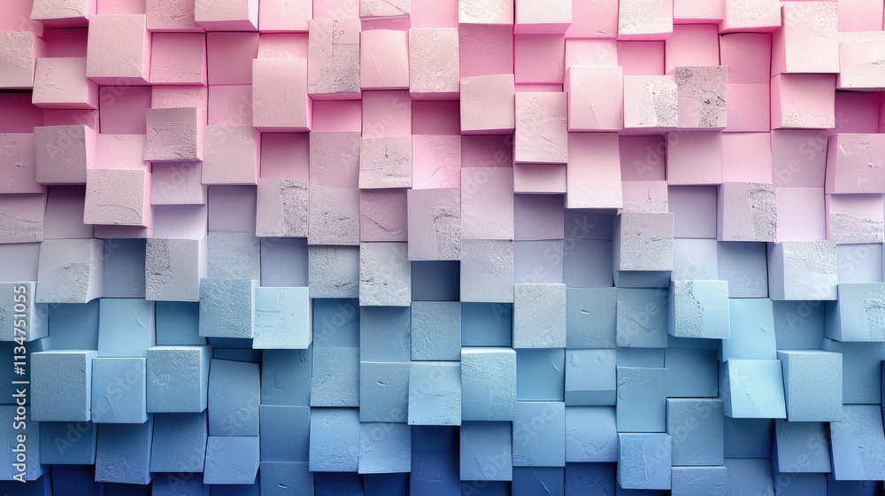 Poster a textured wall composed of pink and blue gradient cubes, creating a modern visual effect.