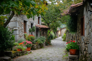 Stone Village Street, Cobblestone Path, Flower Pots, Rustic Houses, Charming Pathway