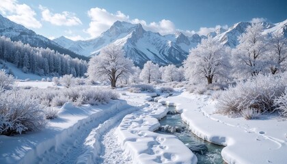 Obraz premium Path Through Snowy Landscape with Seeping Water | Illustrating the Start of Spring