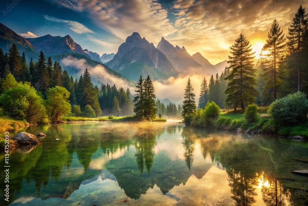 Poster captivating double exposure photography of a serene river view blending nature and tranquility with 