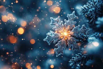Fototapeta premium Dreamy Winter Scene with Intricate Snowflakes and Bokeh Lights