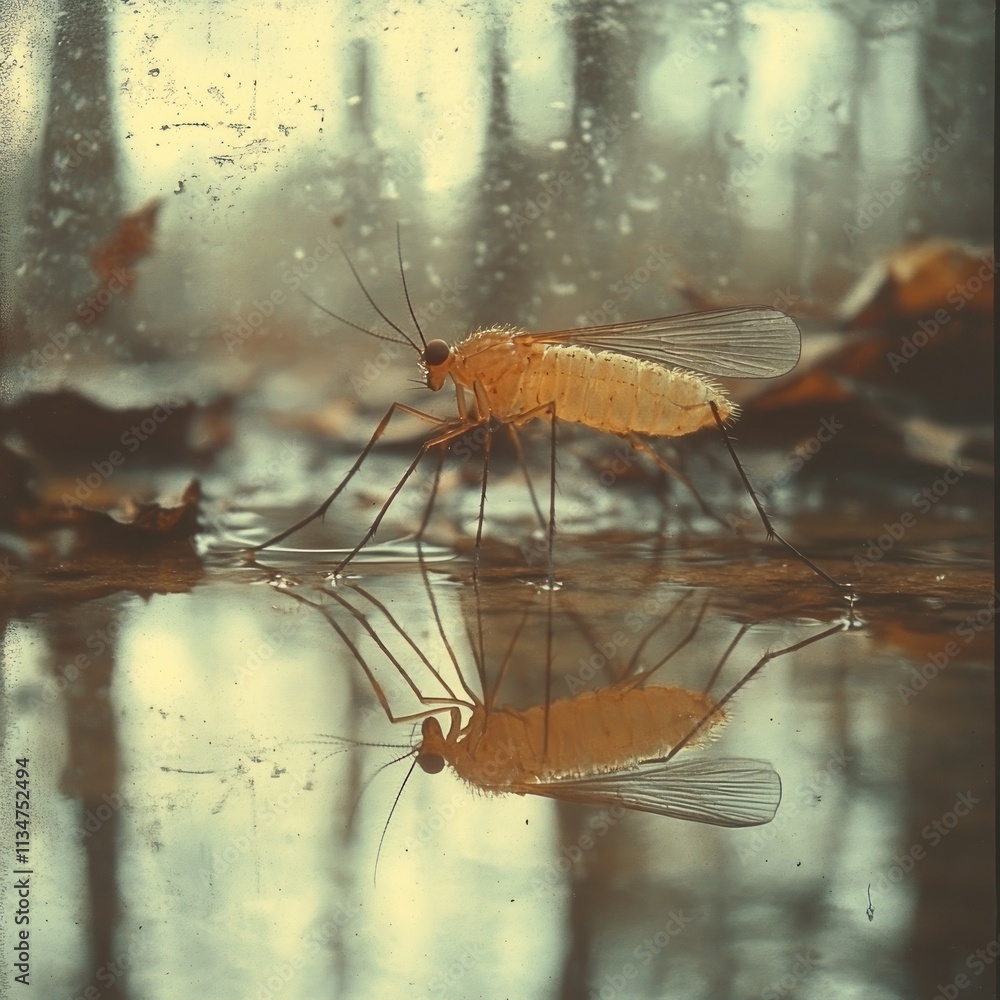 Poster a close-up of an insect on a wet surface, reflecting its image in a puddle.