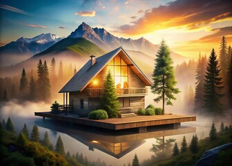 Fototapeta premium Captivating Double Exposure Photography of a Wooden House Model Merging with Nature's Elements for a Unique Artistic Perspective