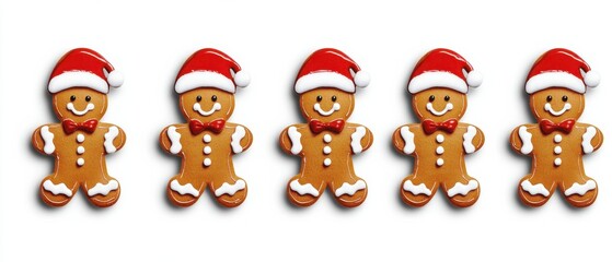 Fototapeta premium Five Adorable Gingerbread Men Wearing Santa Hats for Christmas