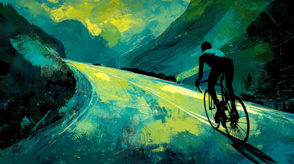Fototapeta premium Cycling Silhouette Mountain Pass: Green and Blue Landscape Painting