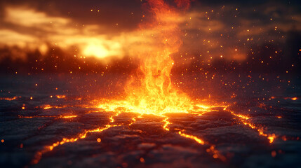 Fiery eruption from cracked earth at sunset.