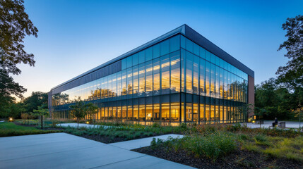 Obraz premium Modern Glass Building, Evening Light, Architectural Design, Solar Window, Sustainable Architecture