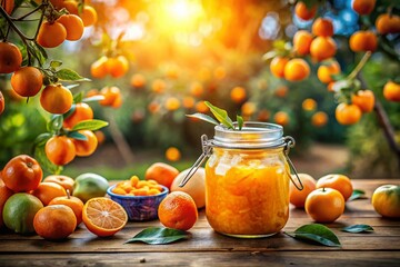 Captivating Double Exposure Photography of Homemade Tangerine Jam with Citrus Groves and Glowing Jar Highlights for a Refreshing Culinary Experience