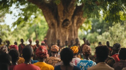 African Village Gathering Under a Mighty Tree