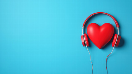 Valentine's Love Heart. Red heart with headphones on a blue background, symbolizing love for music.