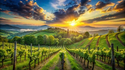 Naklejka premium Captivating Double Exposure Photography of Spring Sunset Over the Lush Vineyards of Collio Friulano, Showcasing Nature's Beauty and Tranquility in a Serene Landscape
