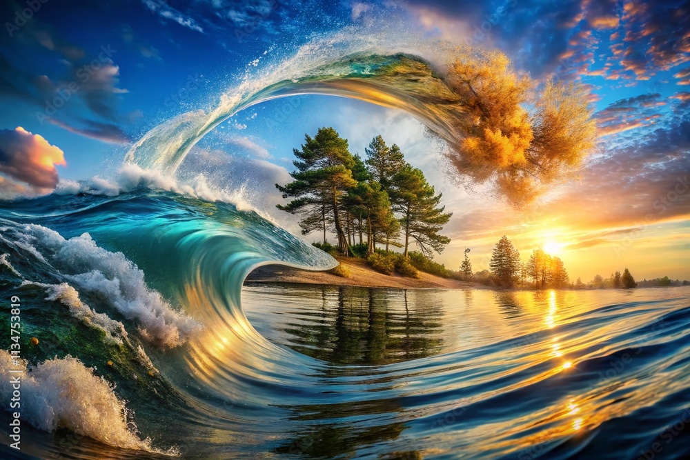 Poster captivating double exposure photography showcasing the flow of elements in diverse forms, merging na