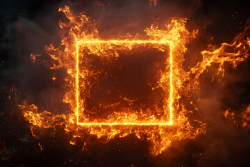 Fiery square frame, burning hot flames, dark background.