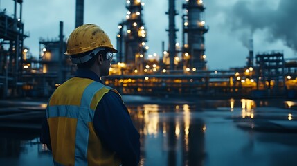Portrait of petroleum oil refinery engineer worker, industrial setting 