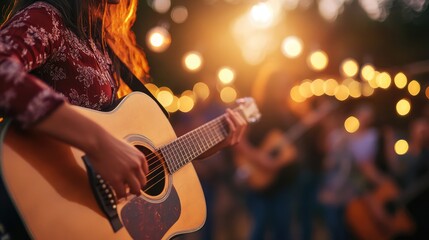 Obraz premium Women in country clothes on music festival. Blurred background with bulb lights
