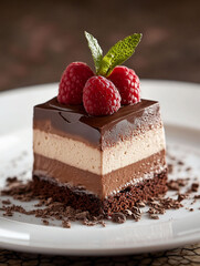 A delicious layered chocolate dessert topped with raspberries.