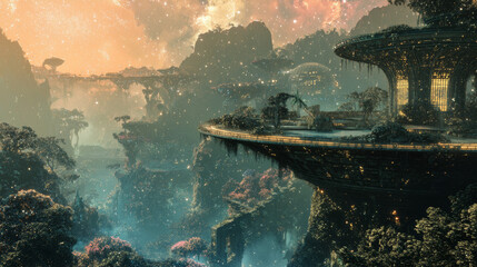 Multiverse Jungle Cityscape: Observation Deck, Starry Night, Surreal