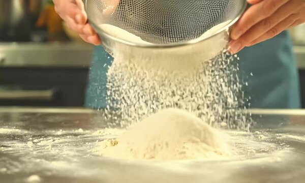A chef sifts flour into a stainless steel sieve over a countertop.