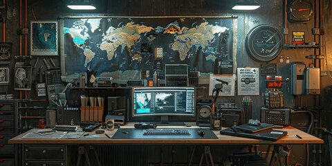 Digital Rendering of a Technologically Advanced Workstation with World Map Display