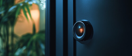 Smart Door Lock with Panic Button: Sleek Black Design, Cinematic Lighting