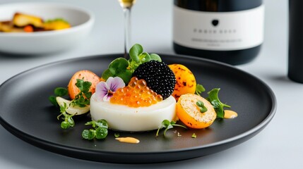 Caviar served on edible flowers and grilled vegetables. Amazing lighting. Delicious food.