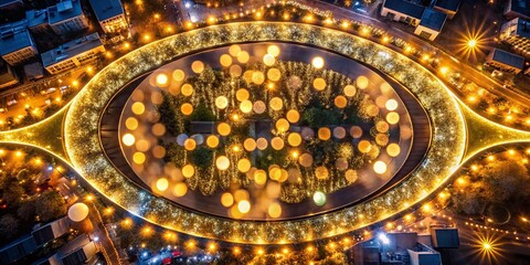 Fototapeta premium Captivating Festive Bokeh with Large Gold Ovals Against a Dark Background, Perfect for Celebrations and Holiday Themes in Stunning Drone Photography