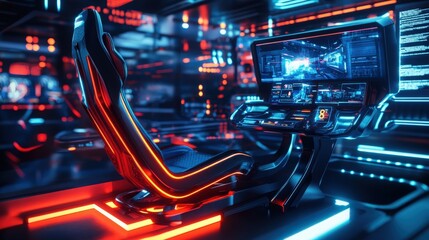 A sleek gaming chair with dynamic RGB neon accents, set against a futuristic room with holographic screens and glowing consoles, creating an ultra-immersive gaming ambiance