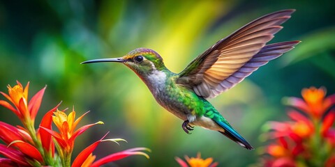 Naklejka premium Captivating Flight of a Volcano Hummingbird Against a Lush Tropical Background, Showcasing Its Iridescent Feathers and Dynamic Movement in a Natural Setting