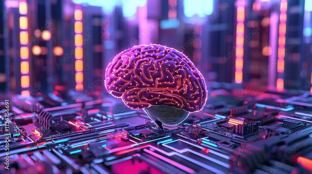 Aufkleber futuristic brain interface digital neuroscience visualization with neon backdrop