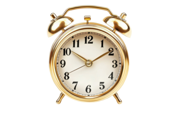 Gold Alarm Clock Shows Time Isolated on PNG Transparent Background