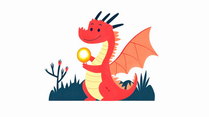Chinese lucky animal illustration concept. A friendly cartoon dragon holding a golden orb in a whimsical landscape.