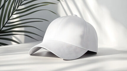 A white baseball cap mockup with no logo, lying on the table in front of a palm leaf shadow, creating an elegant and minimalist atmosphere