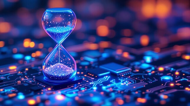 Hourglass with Digital Pixels Spilling Like Sand, Representing Time and Electronic Waste in the Digital Age