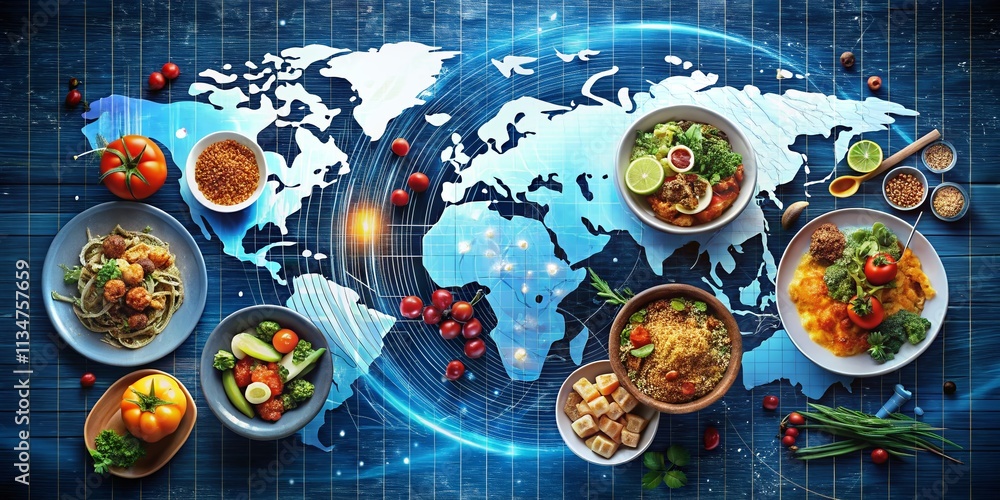 Poster captivating food photography featuring culinary delights integrated with computer binary code and a 