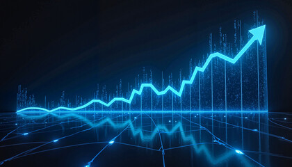 Digital blue growth chart with arrows reflecting on a dark background