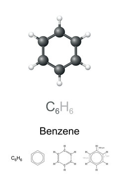 Benzene, benzol, C6H6, molecule model and chemical formula. Organic compound and aromatic hydrocarbon of six carbon atoms joined in a planar hexagonal ring with one hydrogen atom attached to each.