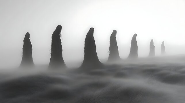 Silhouetted figures in fog, walking in a line.