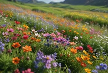 Fototapeta premium A serene and peaceful scene of multicolored wildflowers swaying in the breeze amidst a lush green field, nature, scenery