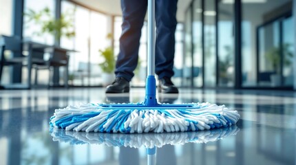 Janitor mopping an office floor, mop close-up, cleaner cleans the floors.