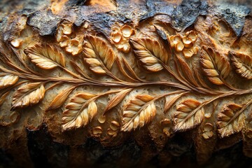 Freshly baked bread with decorative carving of leaves and flowers 