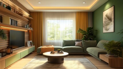 Fototapeta premium Wooden and green living room interior with shelves and poster