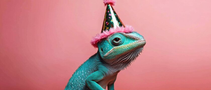 Festive Chameleon in Party Hat Celebrates Birthday on Pink Background